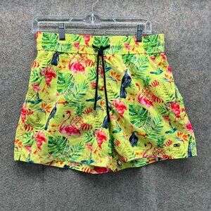 Le Club Shorts Mens Medium Yellow Floral Swimwear Trunks Tropical Flamingo Birds